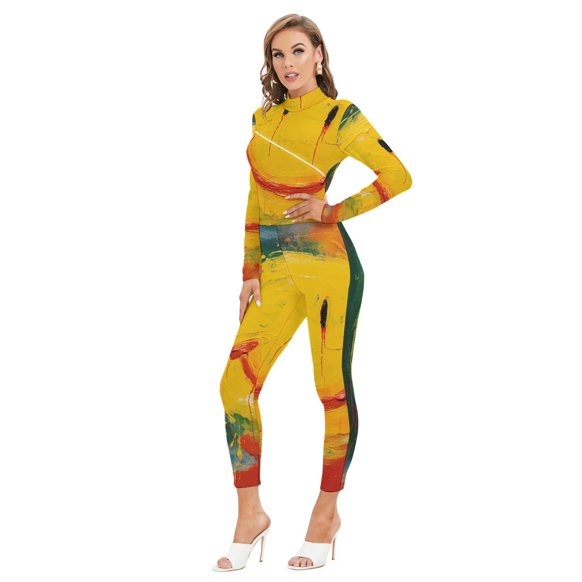 All-Over Print Women's Long-sleeved High-neck Jumpsuit With Zipper