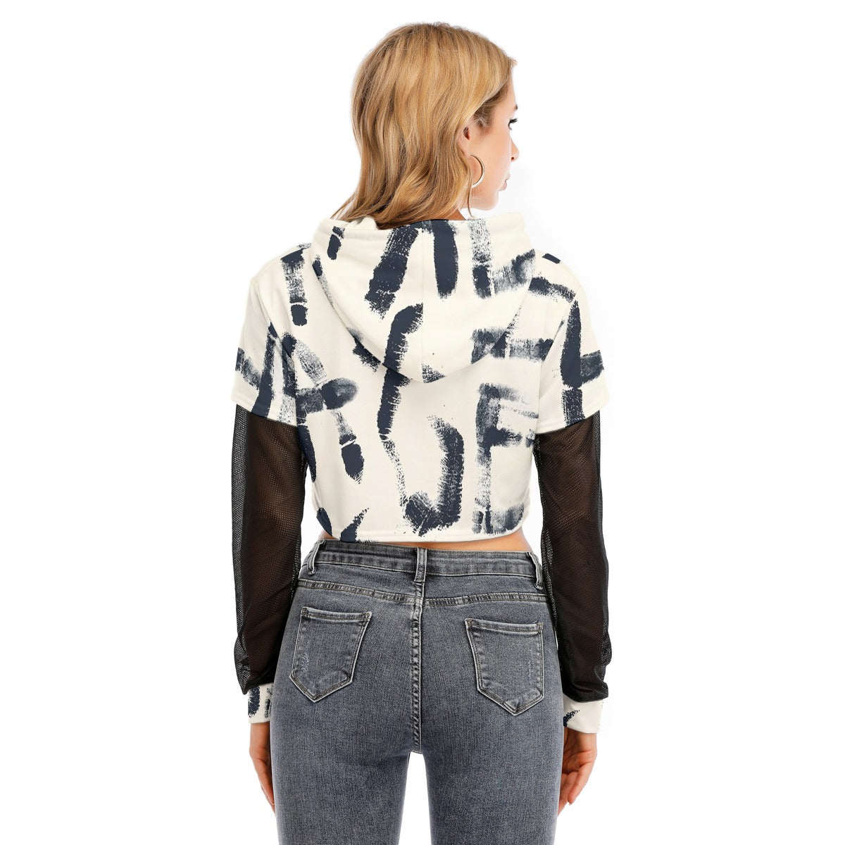 All-Over Print Women's Fake Two-piece Mesh Sleeve Cropped Hoodie