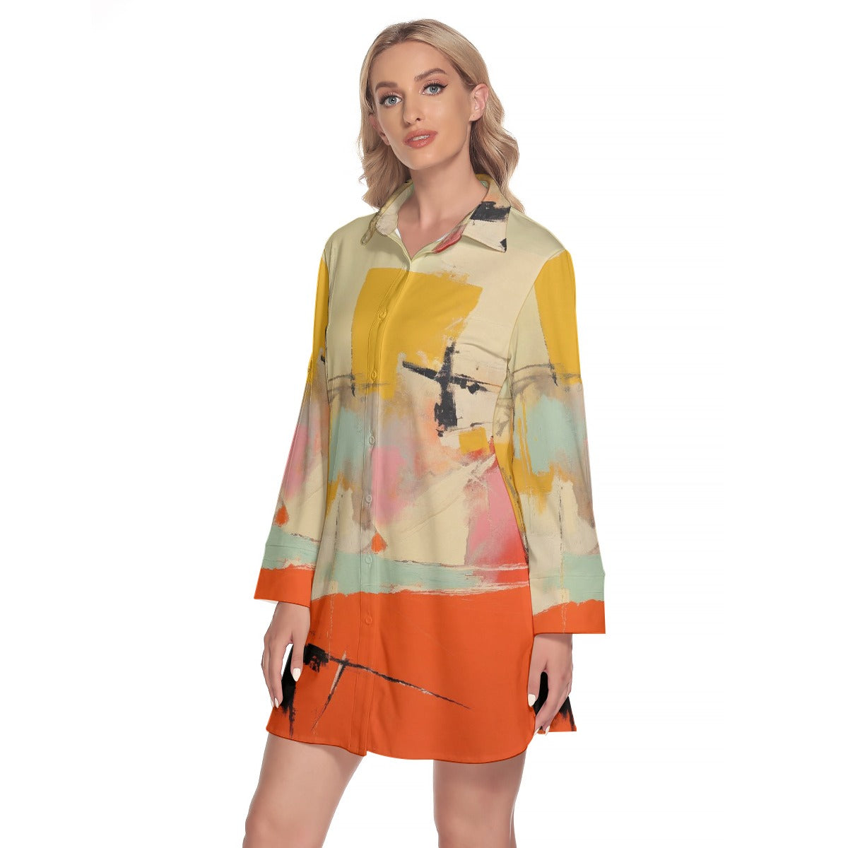 All-Over Print Women's Lapel Shirt Dress With Long Sleeve