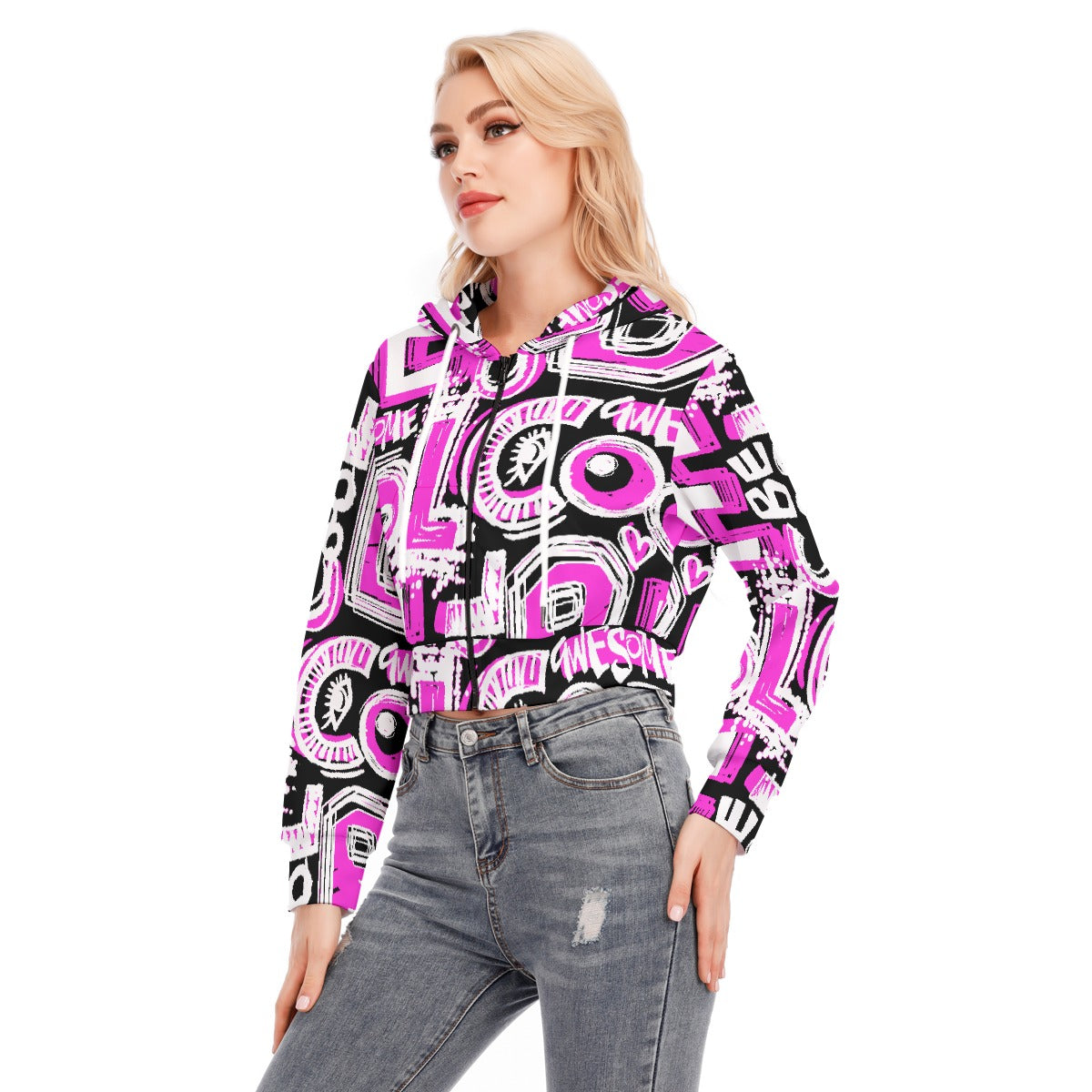 All-Over Print Women's Crop Top Hoodie With Zipper Closure