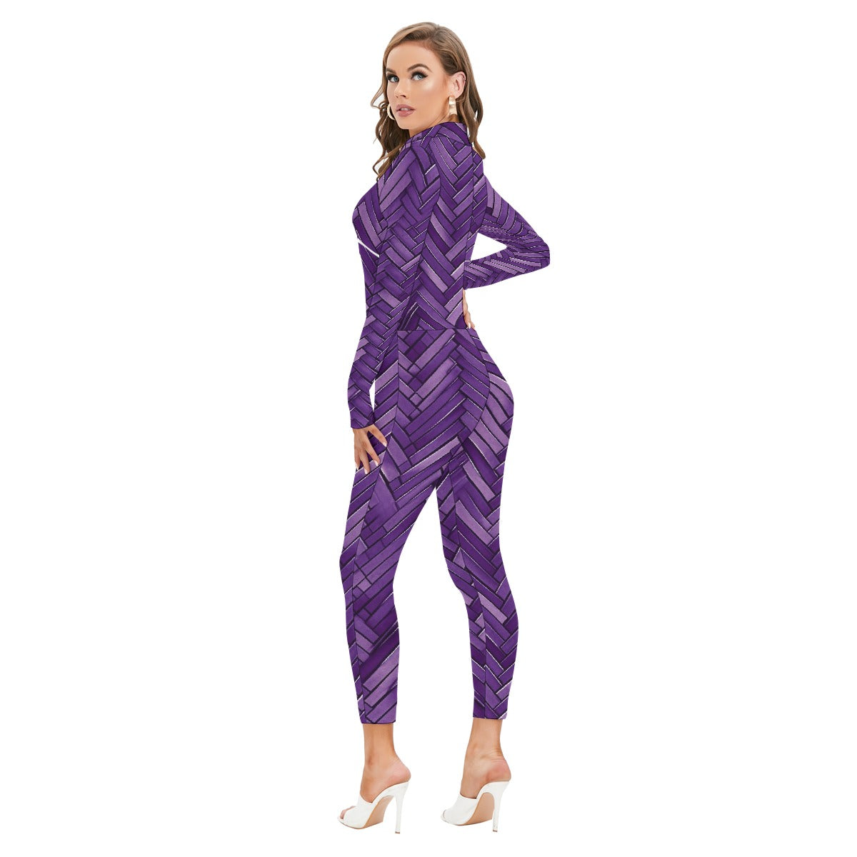 All-Over Print Women's Long-sleeved High-neck Jumpsuit With Zipper
