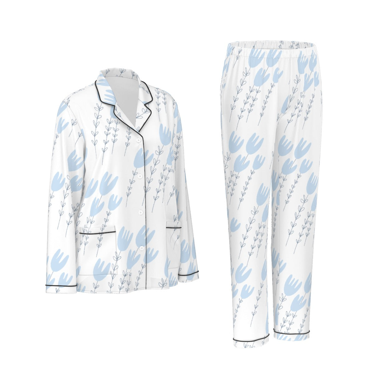 All-Over Print Women's Long Sleeve Pajama Set With Black Contrast Piping