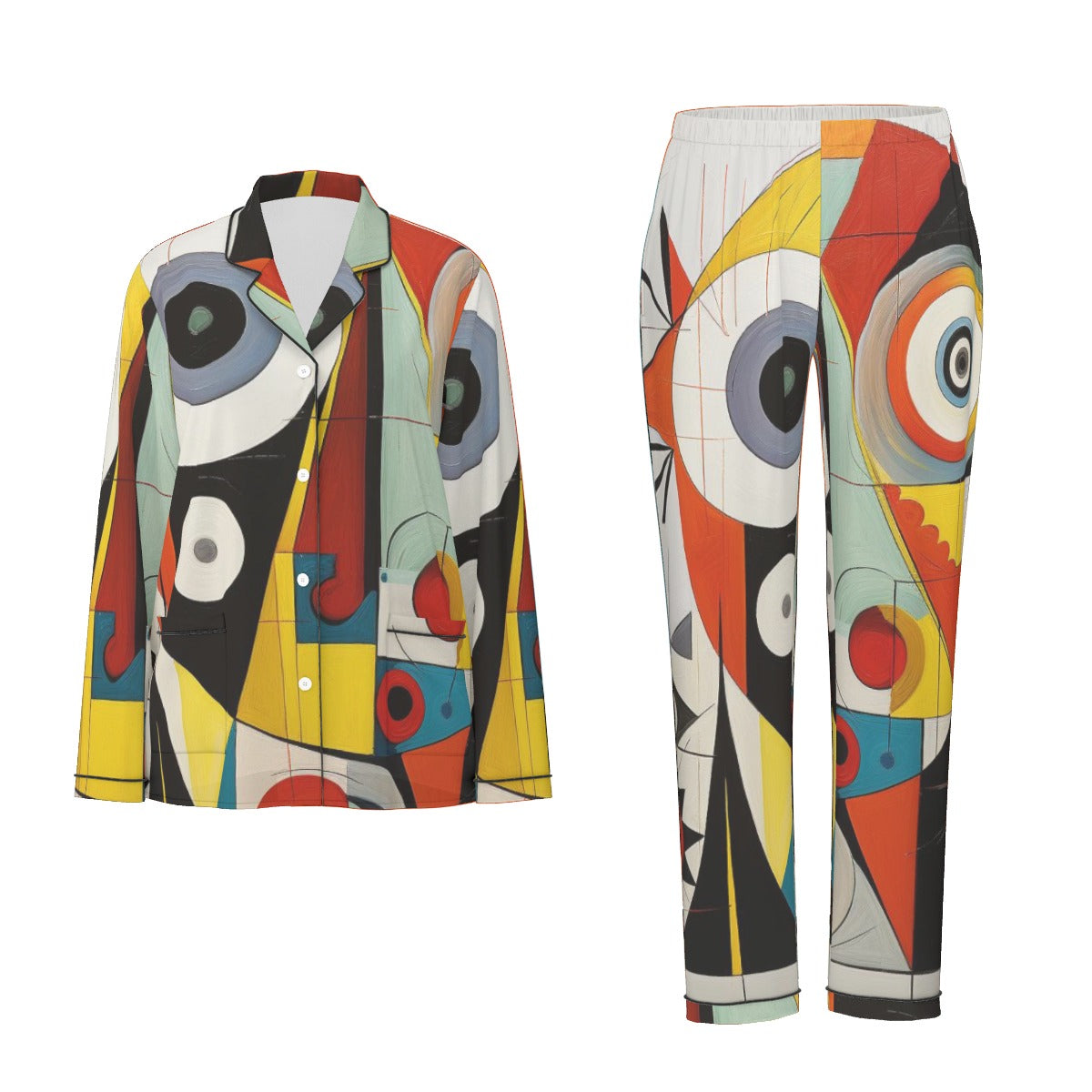 All-Over Print Women's Long Sleeve Pajama Set With Black Contrast Piping