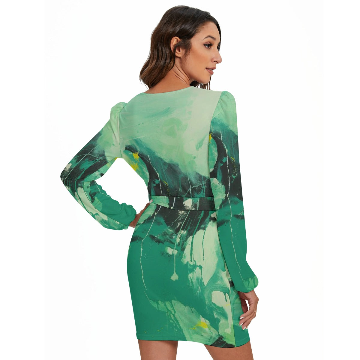 All-Over Print Women's Long Sleeve Dress With Waist Belt