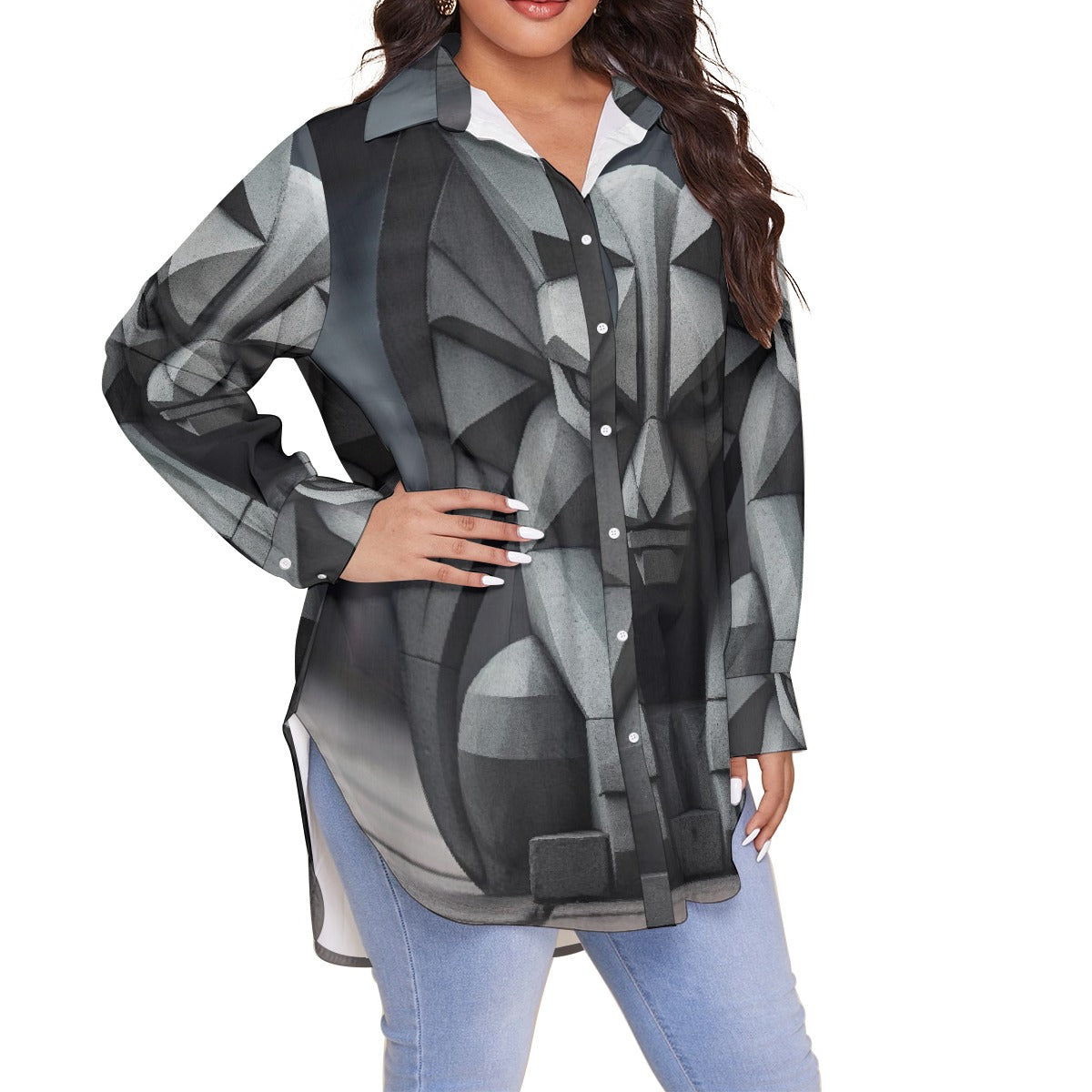 All-Over Print Women's Shirt With Long Sleeve(Plus Size)