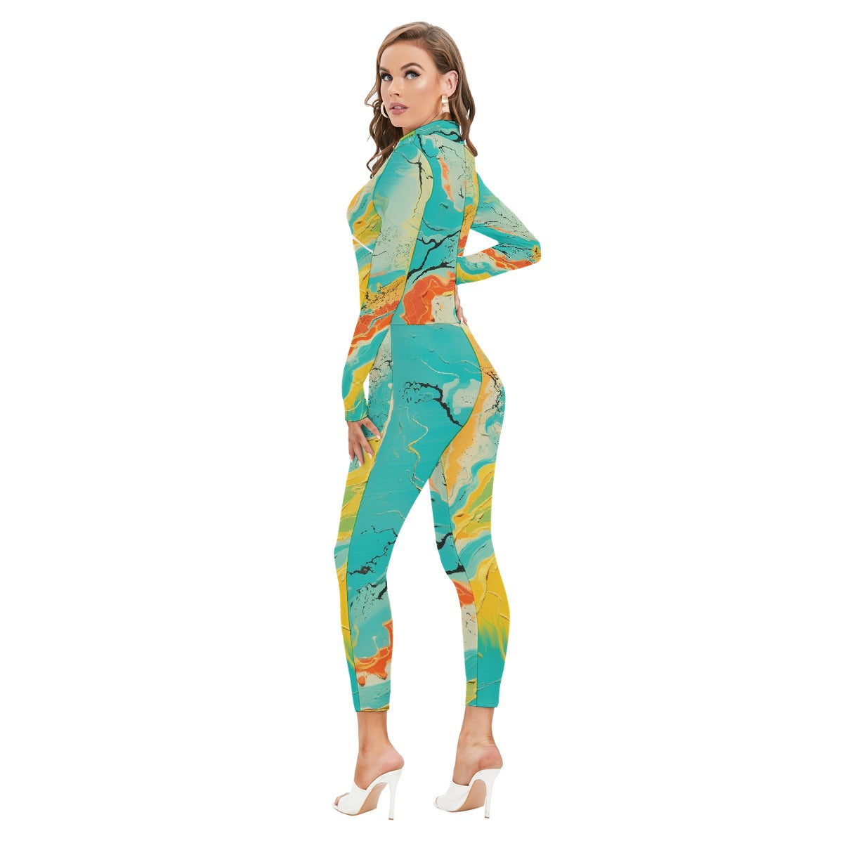 All-Over Print Women's Long-sleeved High-neck Jumpsuit With Zipper