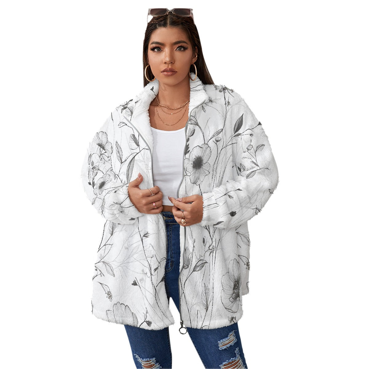 All-Over Print Unisex Borg Fleece Stand-up Collar Coat With Zipper Closure(Plus Size)