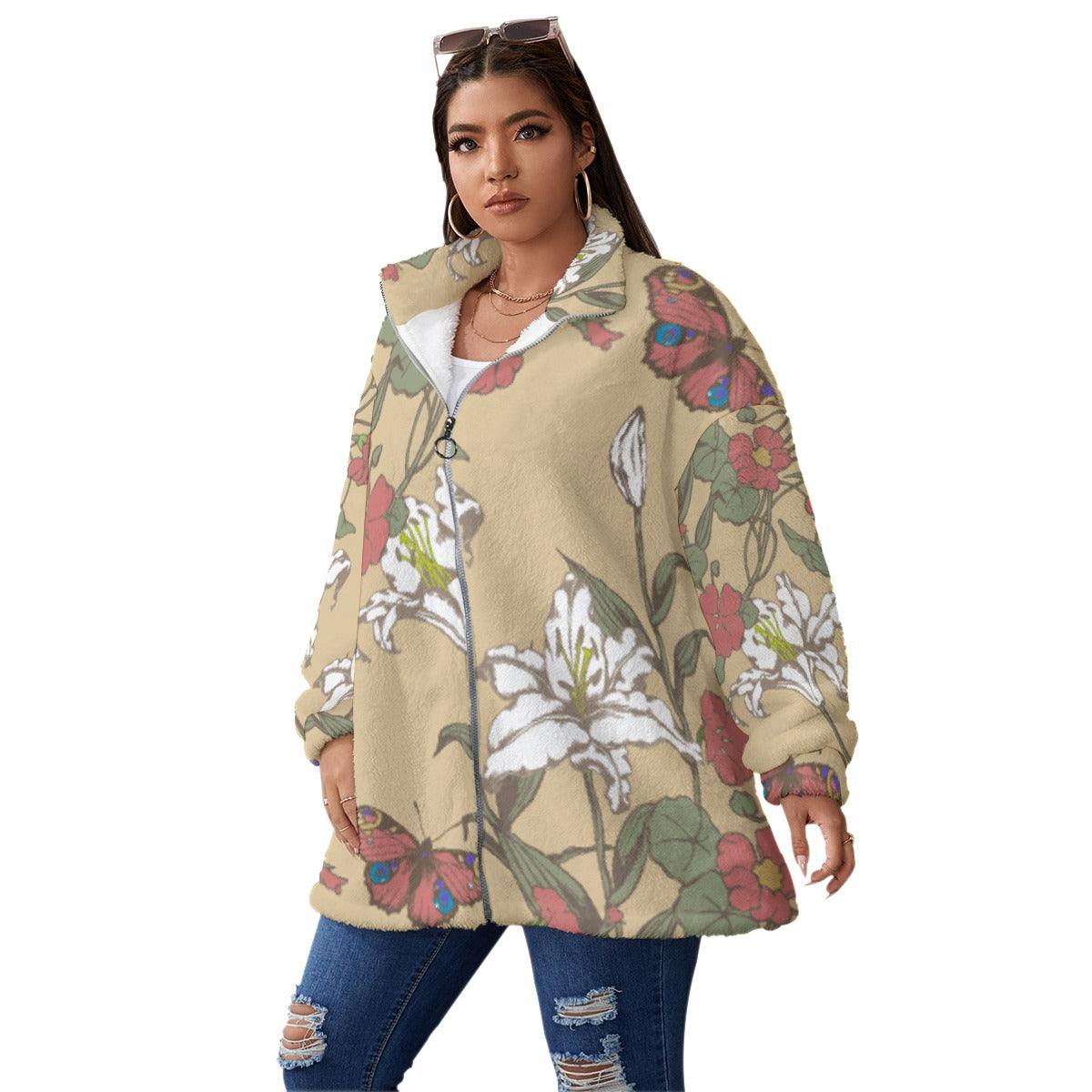 All-Over Print Unisex Borg Fleece Stand-up Collar Coat With Zipper Closure(Plus Size)