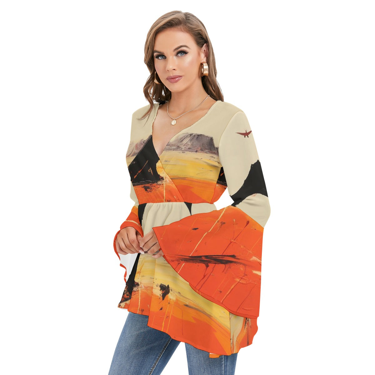 All-Over Print Women's V-neck Blouse With Flared Sleeves