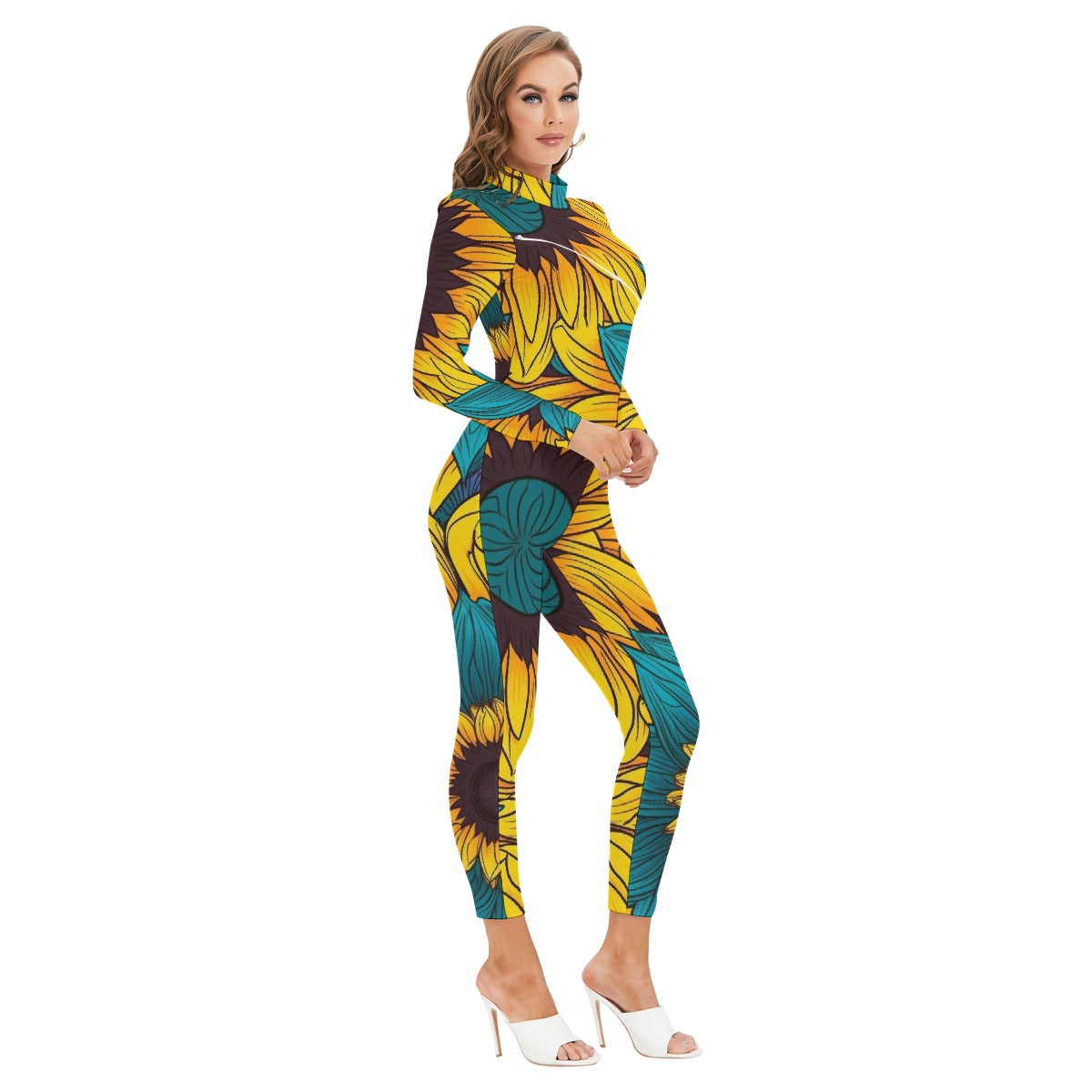 All-Over Print Women's Long-sleeved High-neck Jumpsuit With Zipper