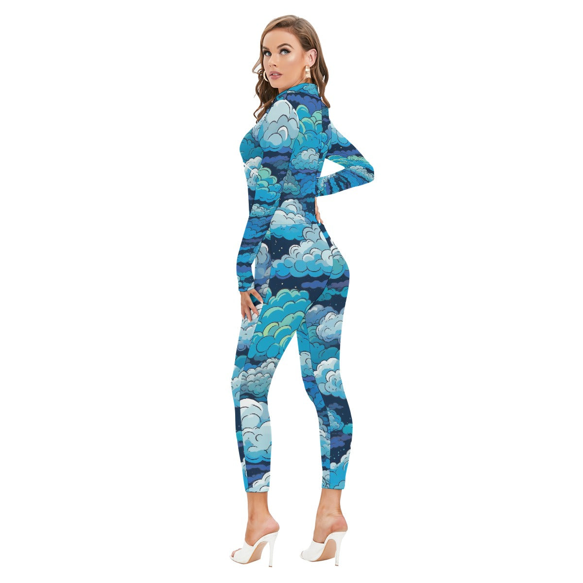 All-Over Print Women's Long-sleeved High-neck Jumpsuit With Zipper