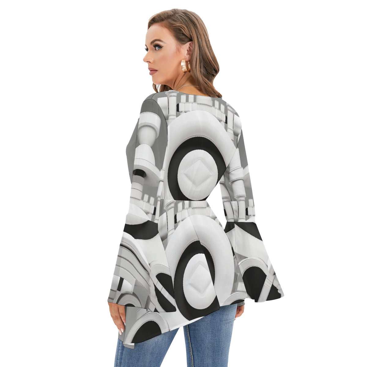 All-Over Print Women's V-neck Blouse With Flared Sleeves