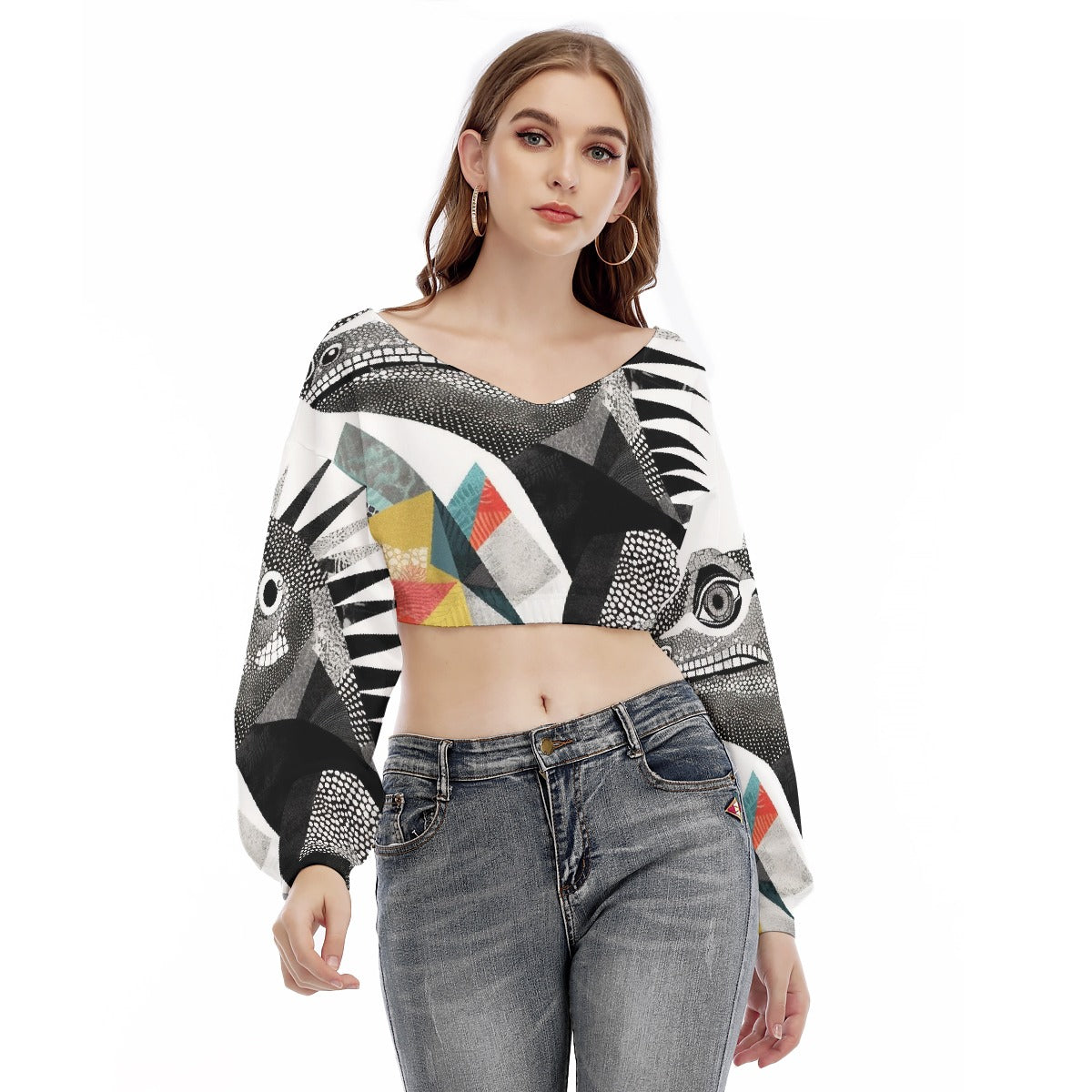 All-Over Print Women's V-neck Long Sleeve Cropped Sweatshirt