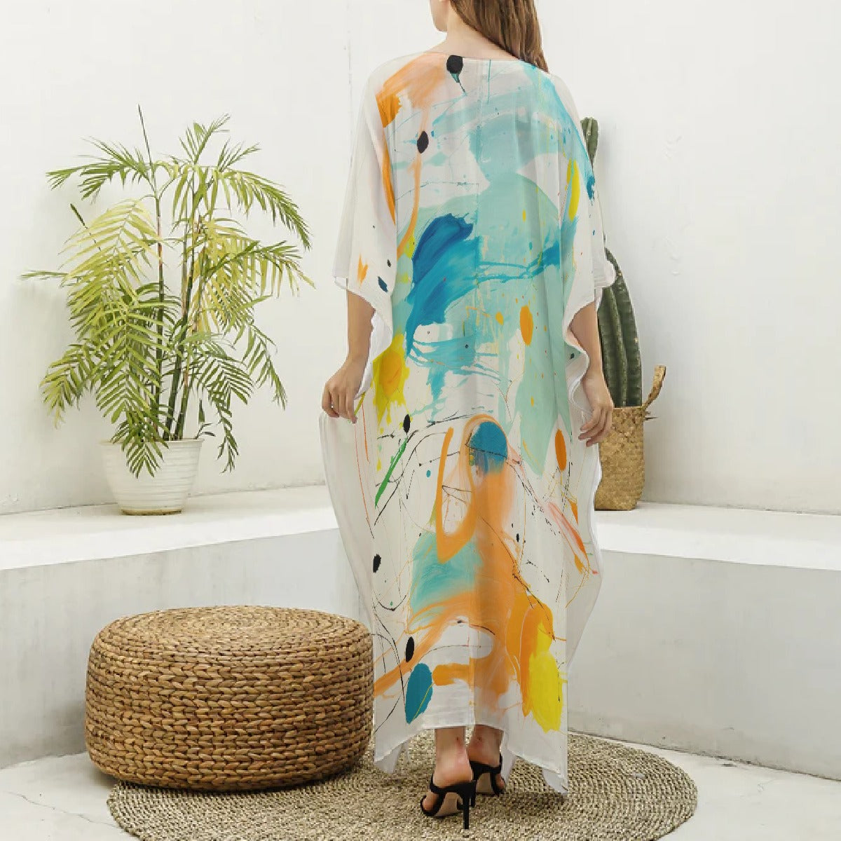 All-Over Print Women's Imitation Silk V-neck Kaftan Robe