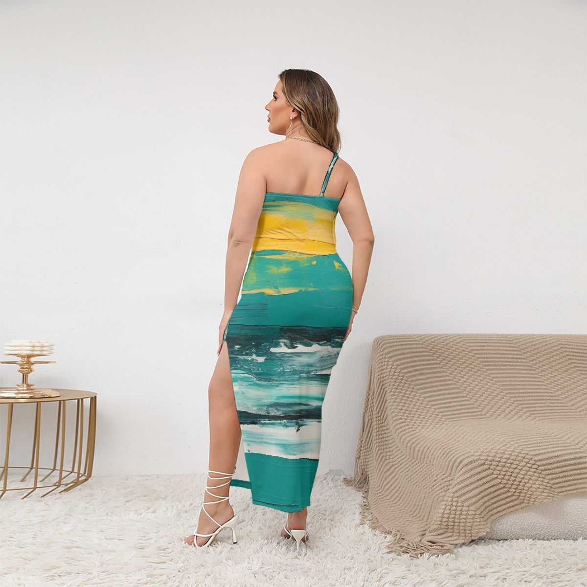 All-Over Print Women's Oblique-Shoulder Exposure Dress With Side Split (Plus Size)