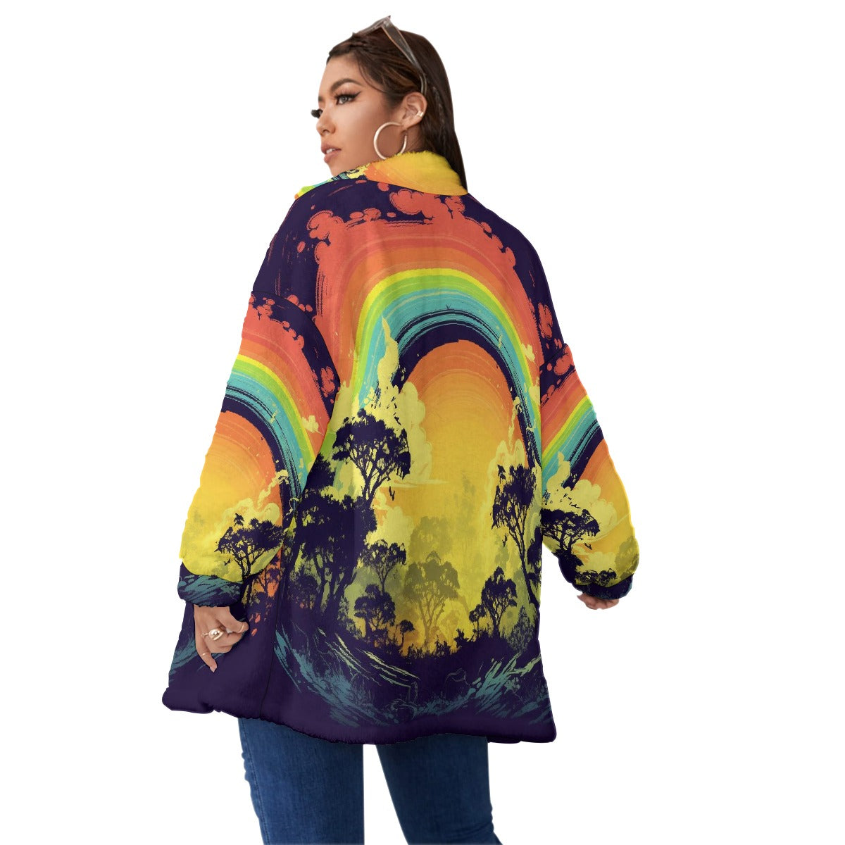 All-Over Print Unisex Borg Fleece Stand-up Collar Coat With Zipper Closure(Plus Size)