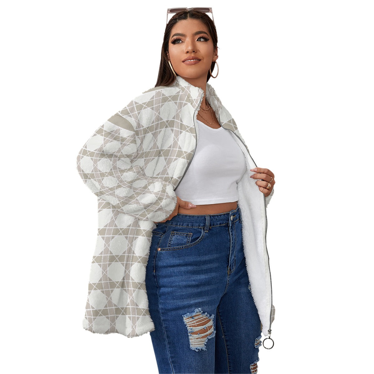 All-Over Print Unisex Borg Fleece Stand-up Collar Coat With Zipper Closure(Plus Size)