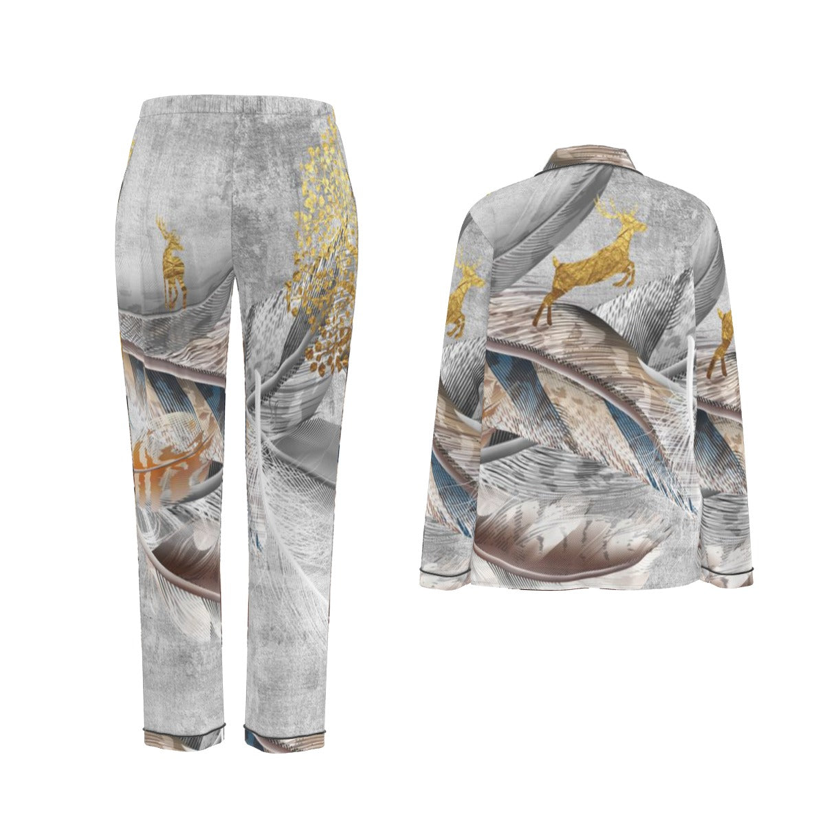 All-Over Print Women's Long Sleeve Pajama Set With Black Contrast Piping