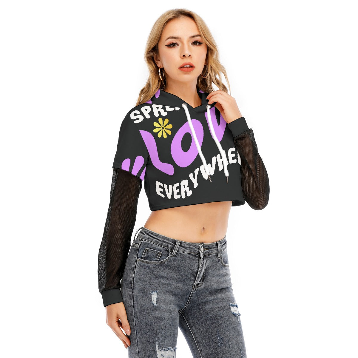 All-Over Print Women's Fake Two-piece Mesh Sleeve Cropped Hoodie