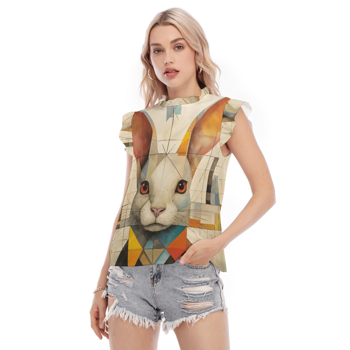 All-Over Print Women's Blouse With Ruffle Collar And Sleeve
