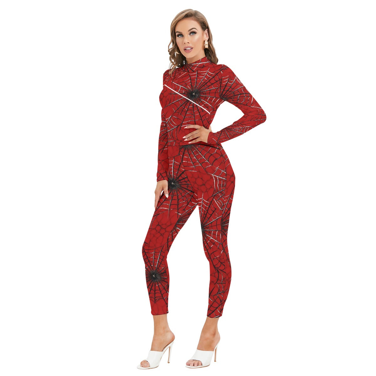 All-Over Print Women's Long-sleeved High-neck Jumpsuit With Zipper
