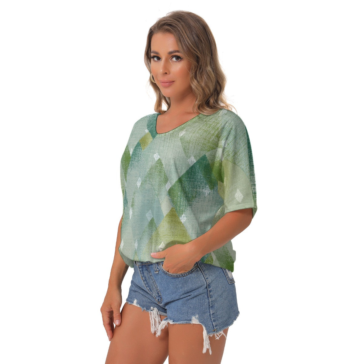 All-Over Print Women's Bat Sleeves V-Neck Blouse