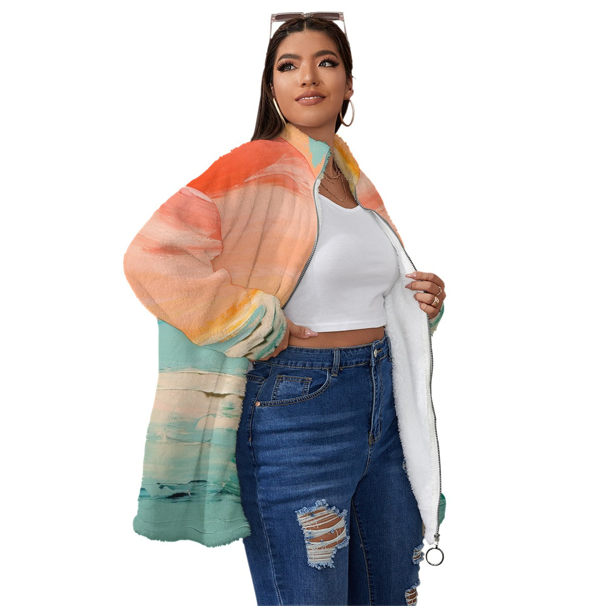 All-Over Print Unisex Borg Fleece Stand-up Collar Coat With Zipper Closure(Plus Size)