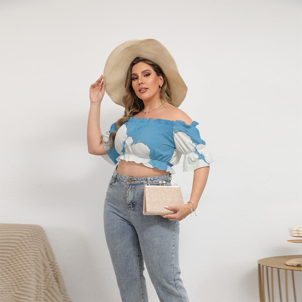 All-Over Print Women's Off-shoulder Cropped Top With Short Puff Sleeve