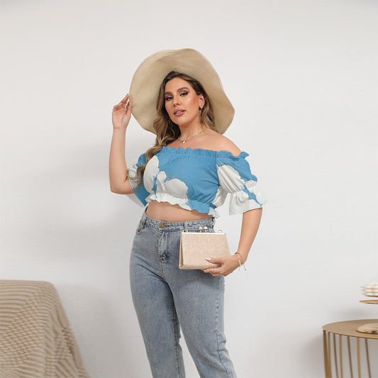 All-Over Print Women's Off-shoulder Cropped Top With Short Puff Sleeve