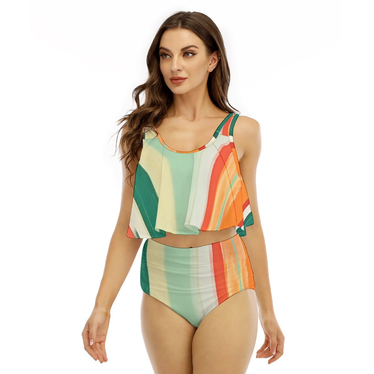 All-Over Print Women's Ruffled Vest Bikini Swimsuit