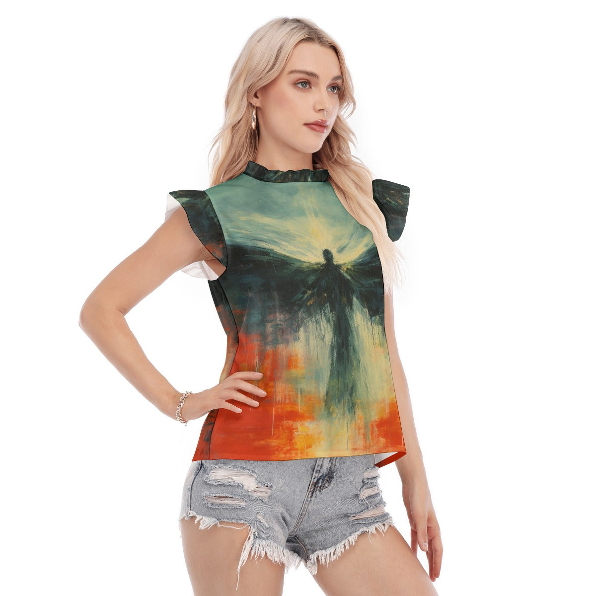 All-Over Print Women's Blouse With Ruffle Collar And Sleeve