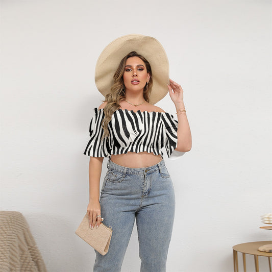All-Over Print Women's Off-shoulder Cropped Top With Short Puff Sleeve