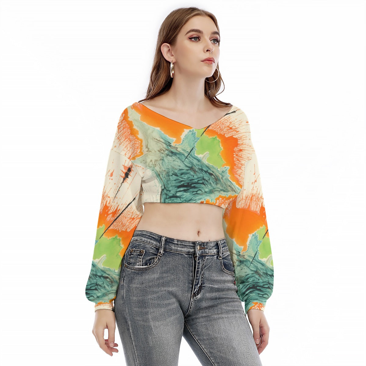 All-Over Print Women's V-neck Long Sleeve Cropped Sweatshirt