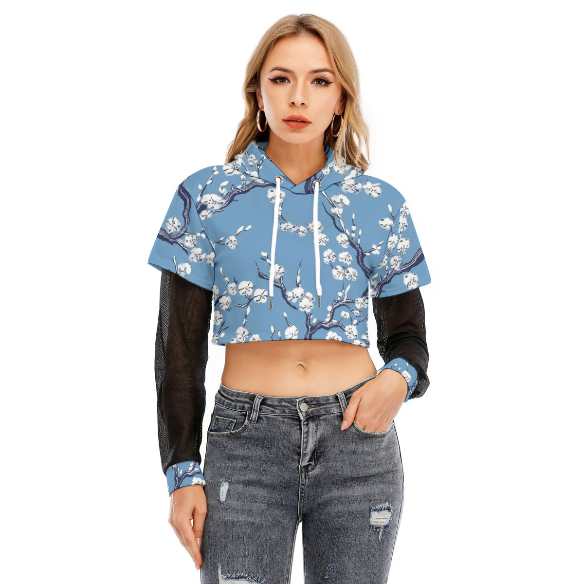 All-Over Print Women's Fake Two-piece Mesh Sleeve Cropped Hoodie