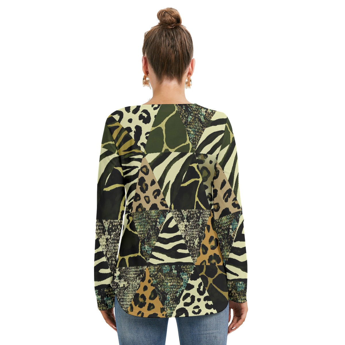 All-Over Print Women's Long Sleeve Neckline Tie Sweatshirt
