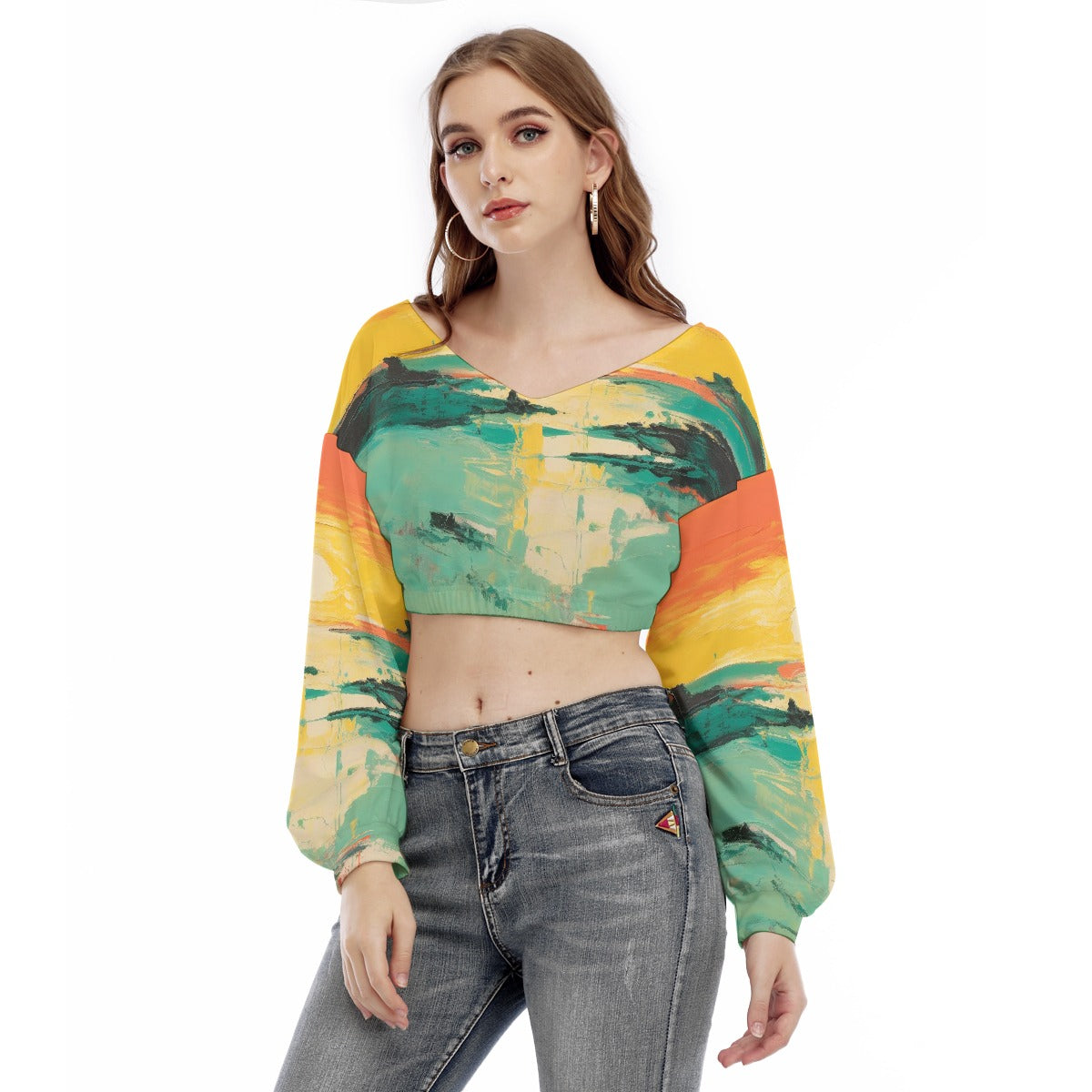 All-Over Print Women's V-neck Long Sleeve Cropped Sweatshirt