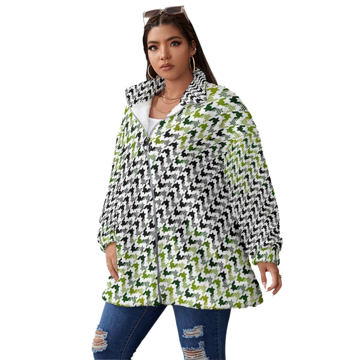 All-Over Print Unisex Borg Fleece Stand-up Collar Coat With Zipper Closure(Plus Size)