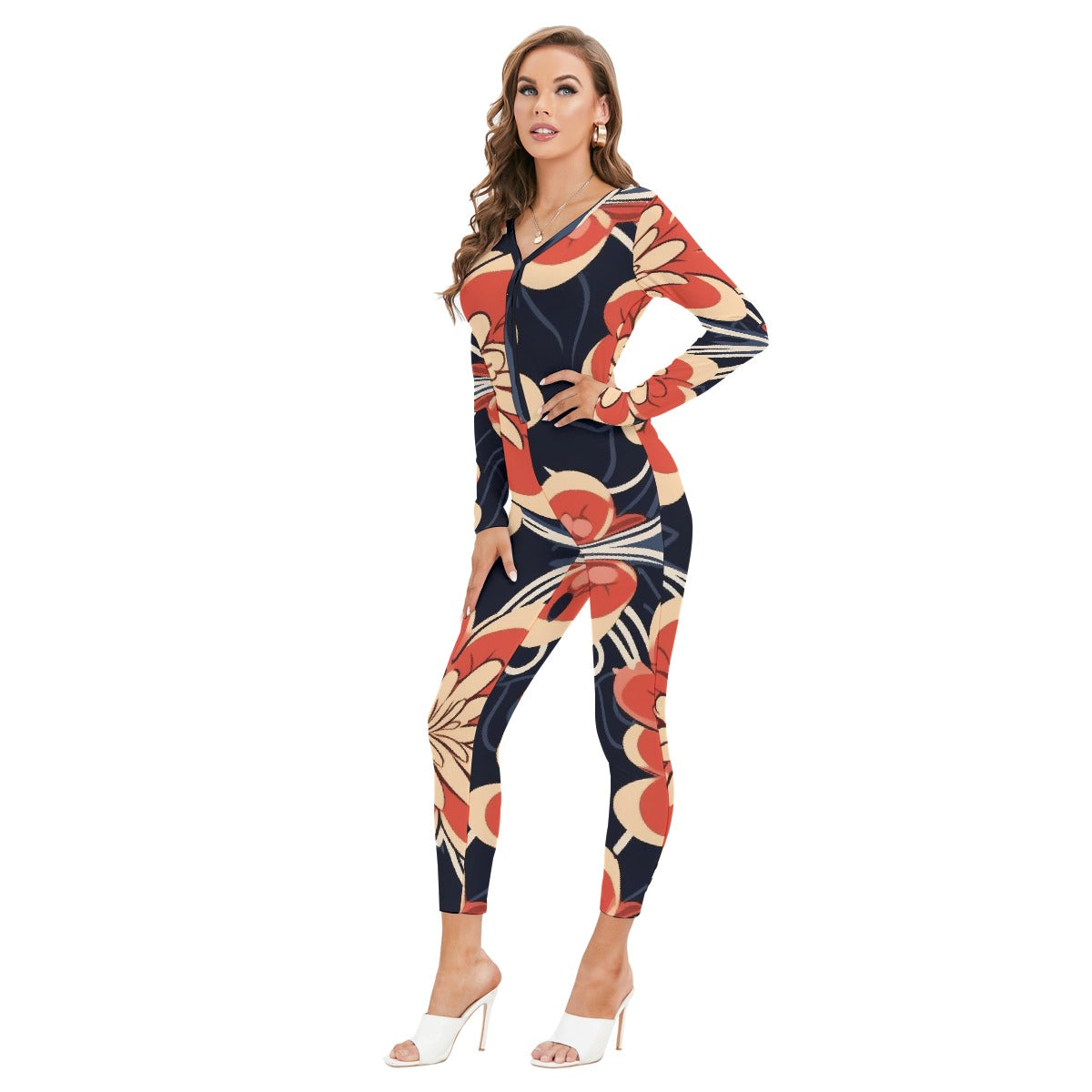 All-Over Print Women's Plunging Neck Jumpsuit