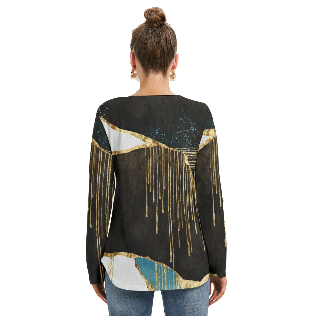 All-Over Print Women's Long Sleeve Neckline Tie Sweatshirt