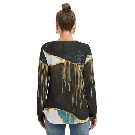 All-Over Print Women's Long Sleeve Neckline Tie Sweatshirt