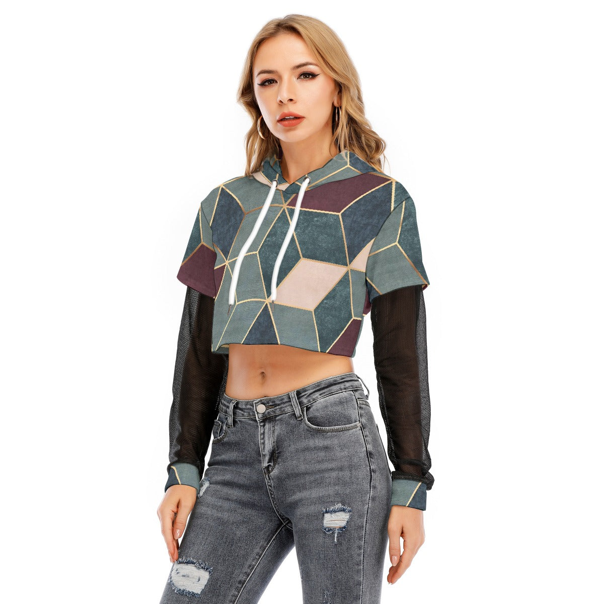 All-Over Print Women's Fake Two-piece Mesh Sleeve Cropped Hoodie