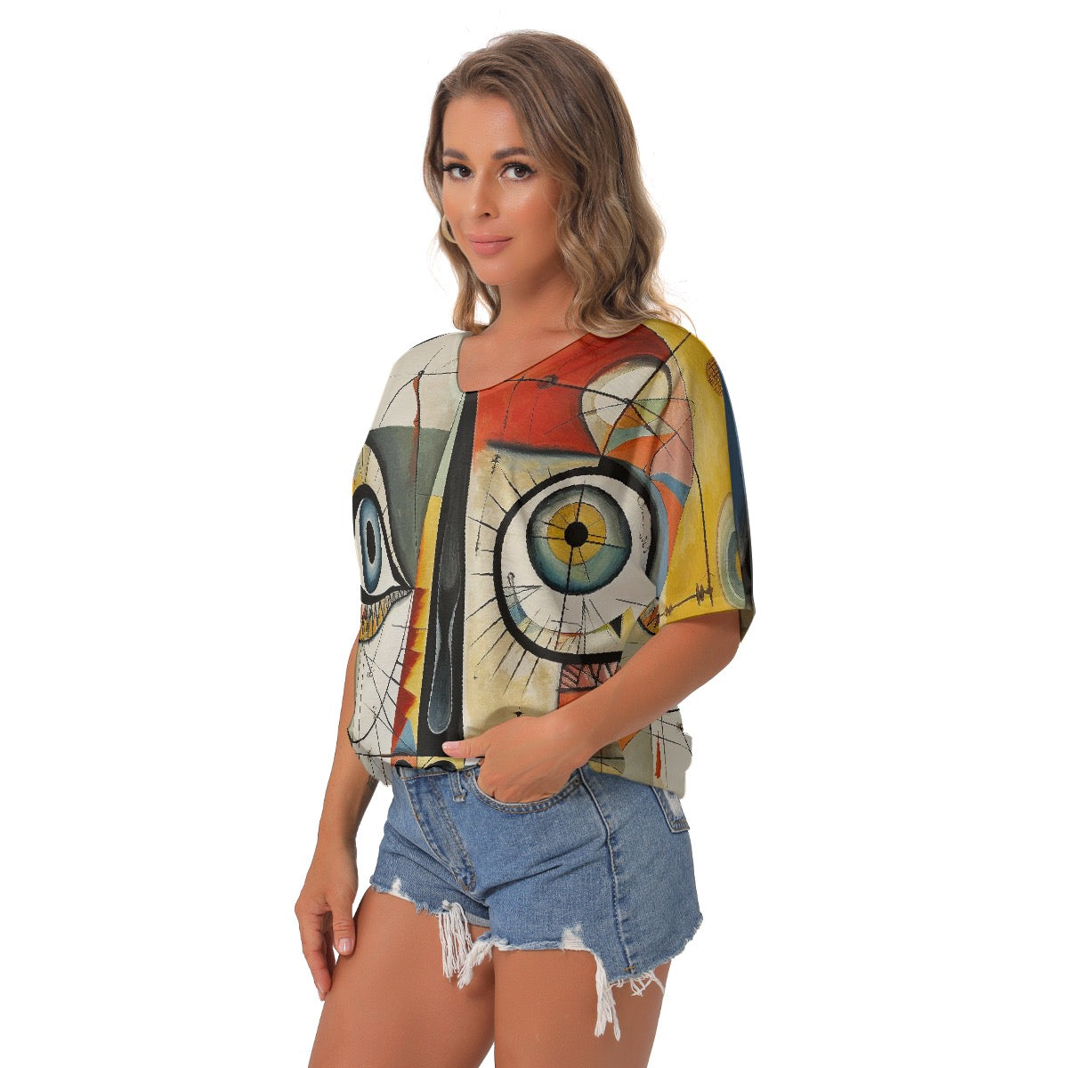 All-Over Print Women's Bat Sleeves V-Neck Blouse