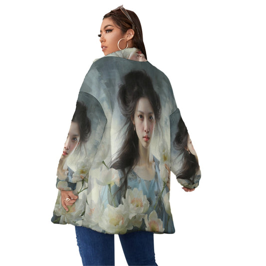 All-Over Print Unisex Borg Fleece Stand-up Collar Coat With Zipper Closure(Plus Size)