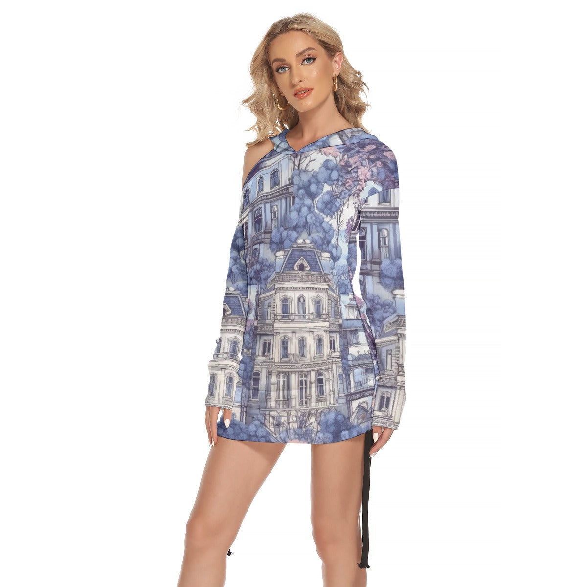 All-Over Print Women's One-shoulder Dress With Waist Shirring