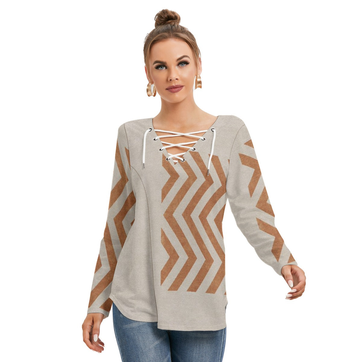 All-Over Print Women's Long Sleeve Neckline Tie Sweatshirt
