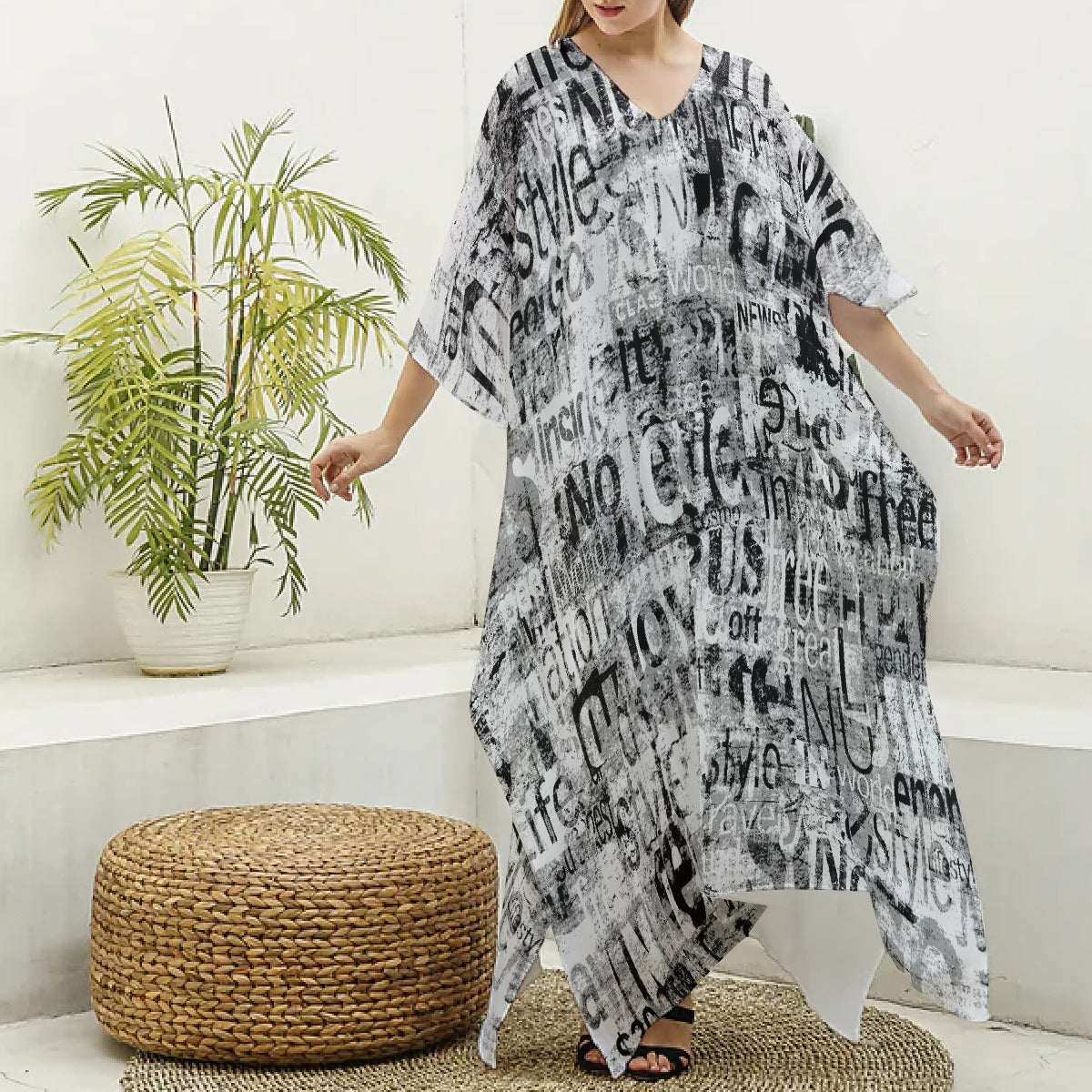 All-Over Print Women's Imitation Silk V-neck Kaftan Robe