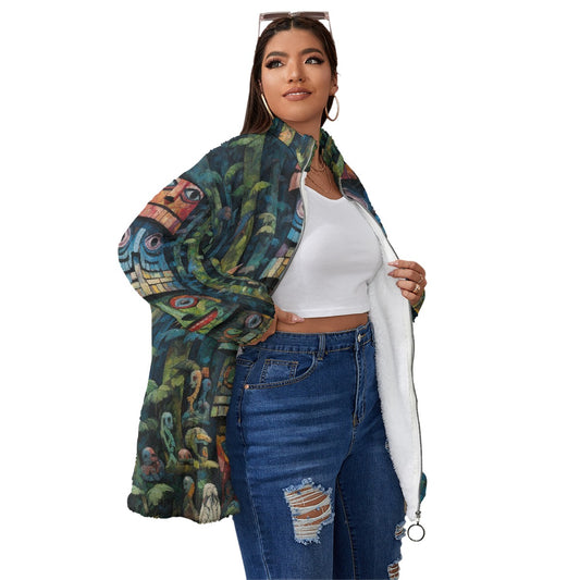 All-Over Print Unisex Borg Fleece Stand-up Collar Coat With Zipper Closure(Plus Size)