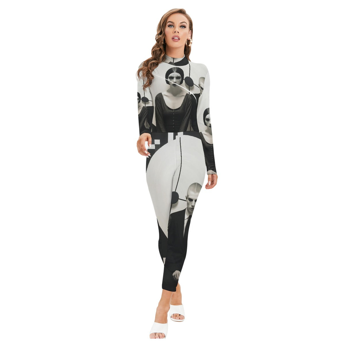 All-Over Print Women's Long-sleeved High-neck Jumpsuit With Zipper