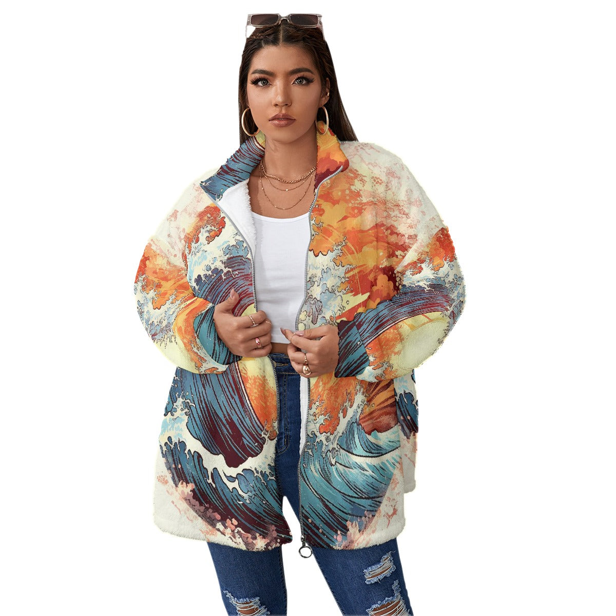 All-Over Print Unisex Borg Fleece Stand-up Collar Coat With Zipper Closure(Plus Size)