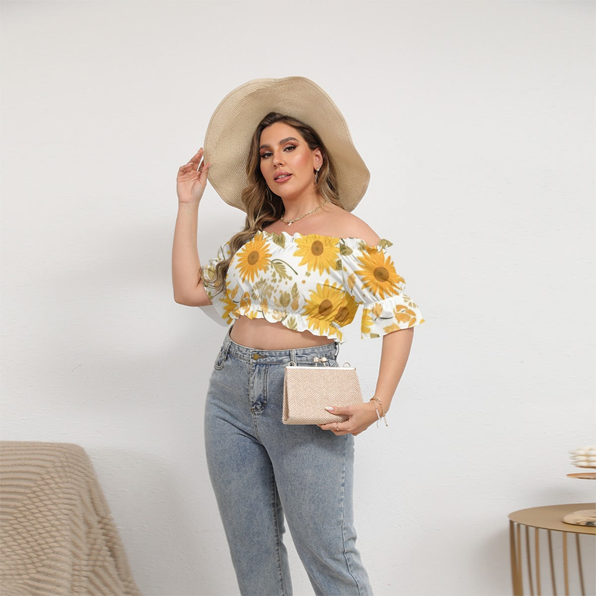 All-Over Print Women's Off-shoulder Cropped Top With Short Puff Sleeve